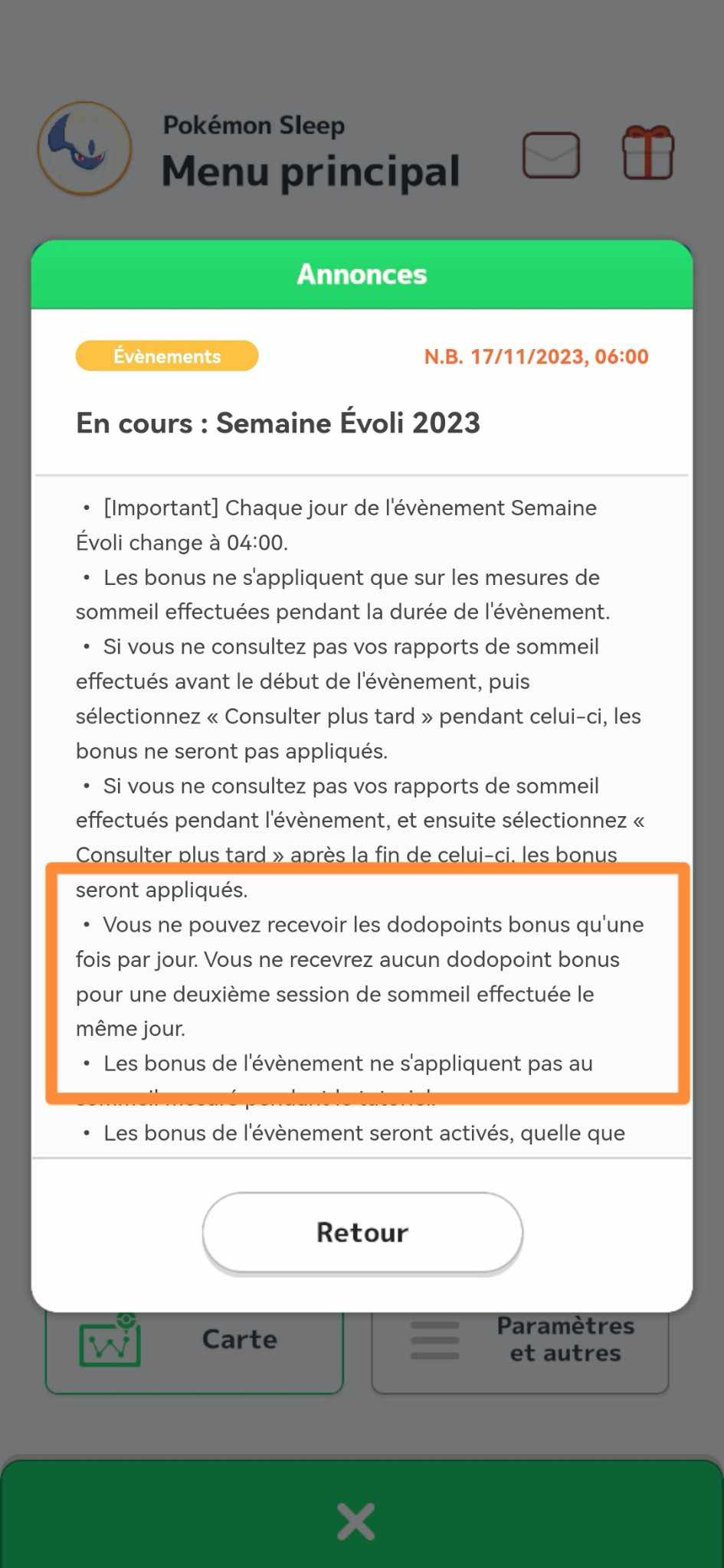 Capture d'écran numéro 1 de la question Lorsqu’un bonus d’expérience / de dodopoints est actif durant un événement, peut-on cumuler à la fois une sieste et la nuit de sommeil ?